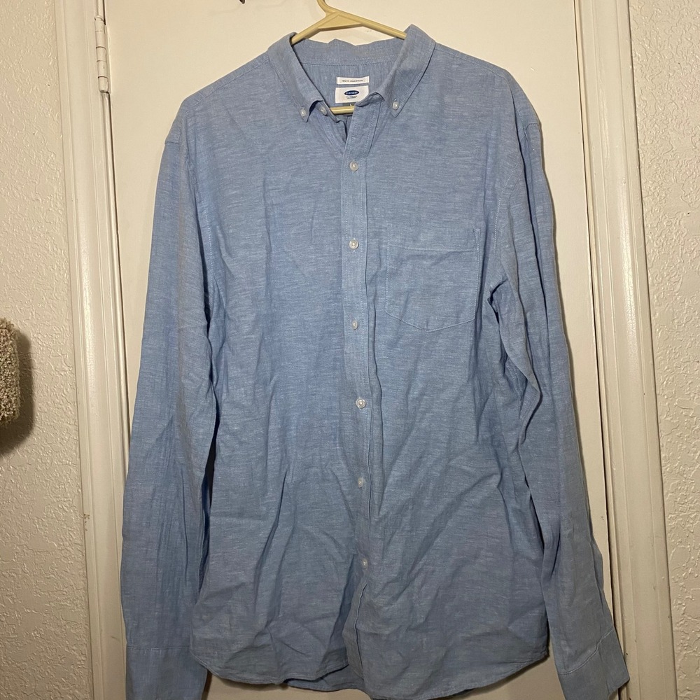 Old Navy Mens Slim Fit Oxford Button Down Linen Light Blue Shirt L